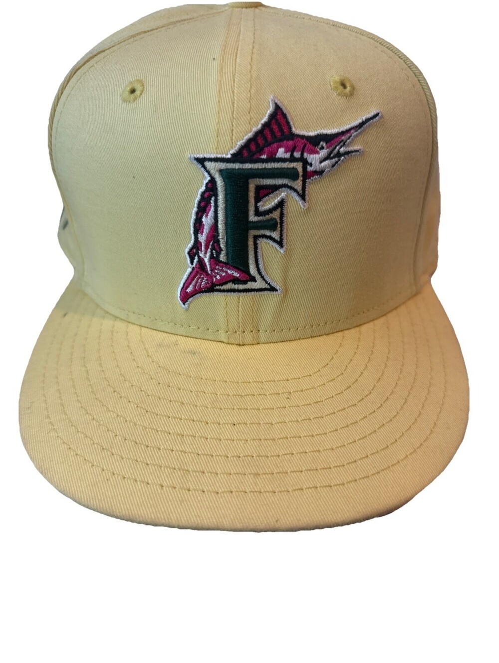 New Era 59FIFTY Florida Marlins 10th Anniversary Hat 7 3/8 Yellow Pink Bottom